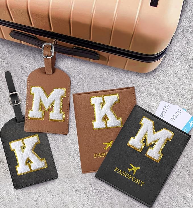 COSHAYSOO Black Passport Cover Holder and Initial Luggage Tag Set TSA Approved with Personalized Monogram Chenille Letter Patch for Women Teen Girls Couples, Preppy Travel Bag Suitcase Identifier (Q)
