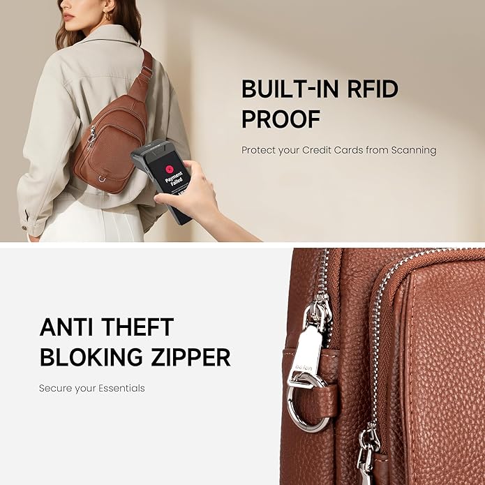 befen Anti Theft Genuine Leather Sling Bag for Women RFID Small Crossbody Bag Chest Bag Leather Fanny Packs for Travel