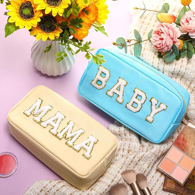 Sanwuta 2 Pieces Mama Gifts Makeup Bag Mom Pouch Birthday Gifts Nylon Cosmetic Bag Mothers Day Appreciation Toiletry Preppy Patch Chenille Letter for Women Her New Mom(Blue, Beige,Baby and Mama)