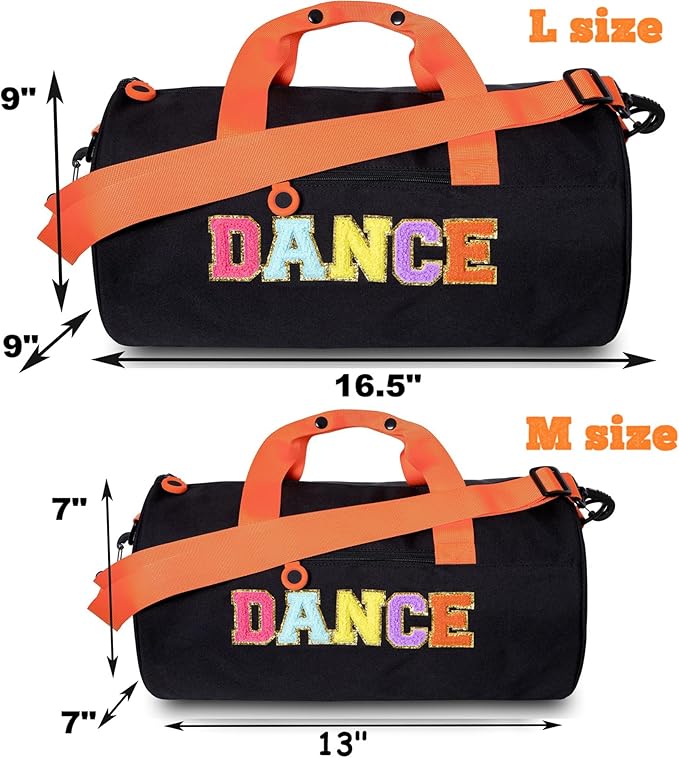 Girls Dance Duffle Bag with Chenille Patch,Cute 16.5" Ballet, Cheer, Gymnastics Class Bag for Kids, Toddler Girls,Teens,Large Capacity Overnight Travel Bag (Black)