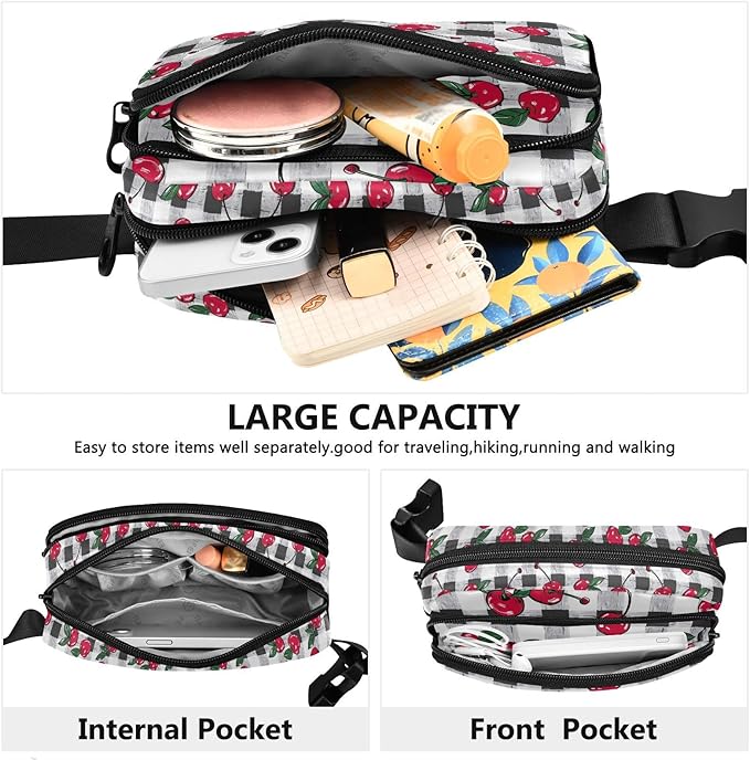 Cherry Fruit Black White Checkered Plaid Fanny Pack for Women Men Water Resistant Fashion Waist Packs with Adjustable Strap Belt Bag for Travel Workout Jogging Hiking 21219426