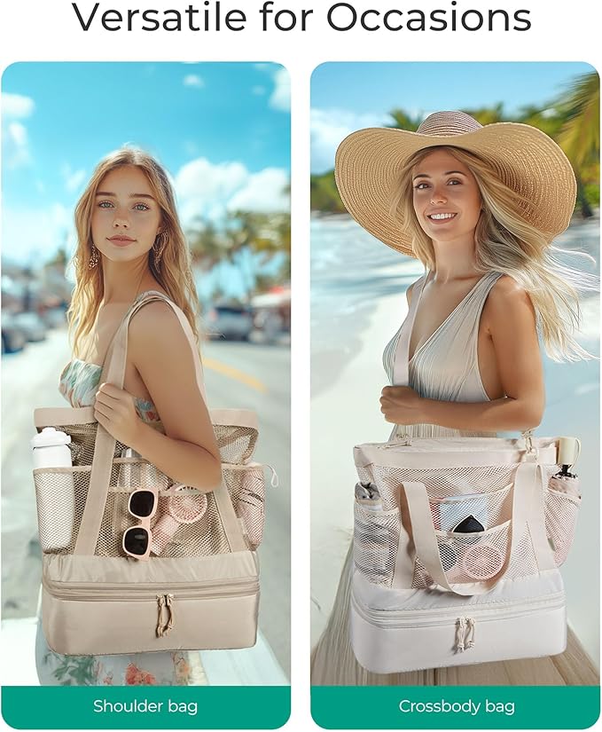BAGSMART Beach Bag for Women, Mesh Tote Bags with Zipper, Sandproof Vacation Essentials with Cooler for Swim Cruise Pool