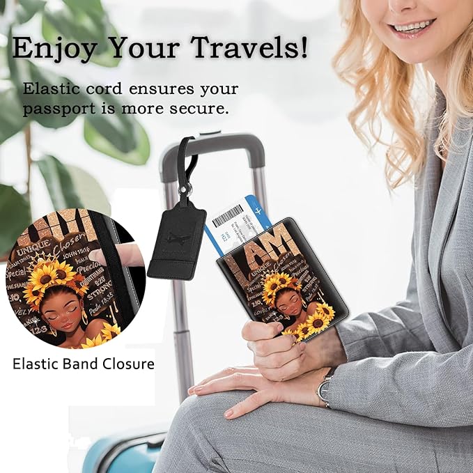 Passport Holder Women Wallet with Luggage Tag, Leather Passport Cover with RFID Blocking, Travel Accessories Multi Card Slot Passport Case for Men，Afro Woman Sunflower