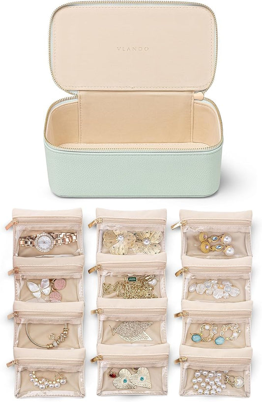 Vlando Jewelry Travel Case,Travel Jewelry Organizer with Clear Velvet Jewelry Bags 12Pcs Zipper Pouch for Women-Mint Green