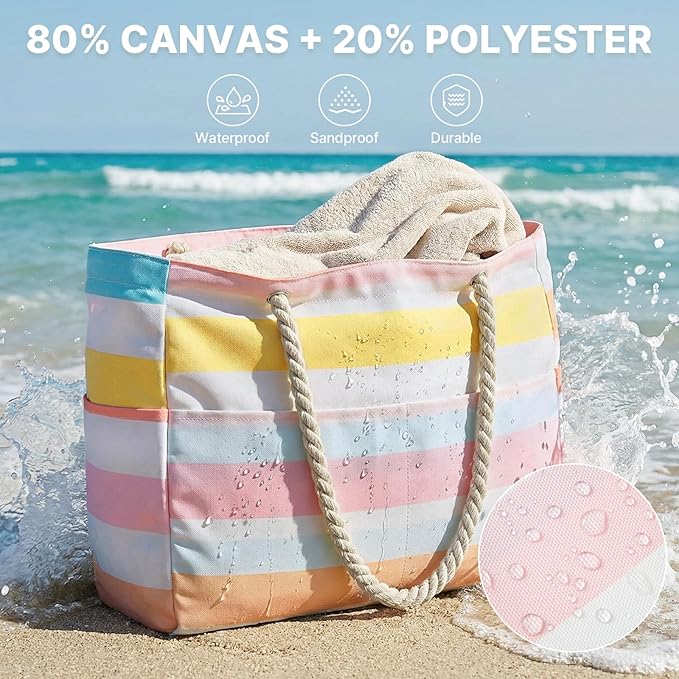 G4Free Canvas Beach Bag Waterproof Sandproof Large Beach Tote Bags for Women Pool Swim Travel Grocery