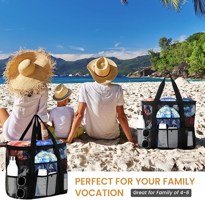 Tavaleu Mesh Beach Bag - Large Beach Tote with Multi Functional Pockets for Family Travel/Vacation
