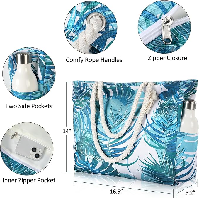 Clothirily Beach Bag for Women - Large Beach Tote Bag, Waterproof Sandproof Beach Bag with Zipper, Large Swim Pool Beach Tote