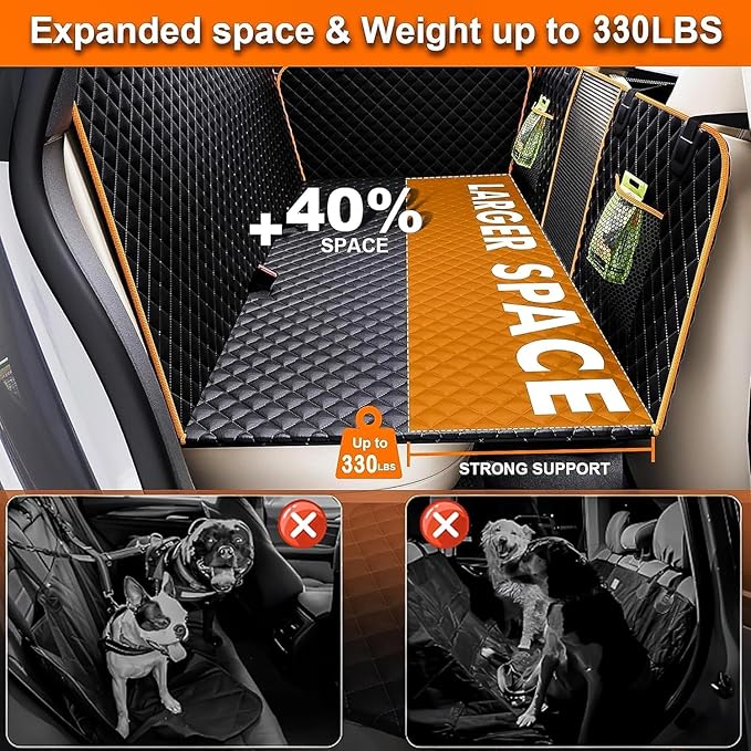 Hard Bottom Holds 420LBS, Dog Car Seat Cover for Back Seat, Back Seat Extender for Dogs, Back Seat Extender for Car Travel Bed with Mesh Window and Storage Pocket, SUV, Truck