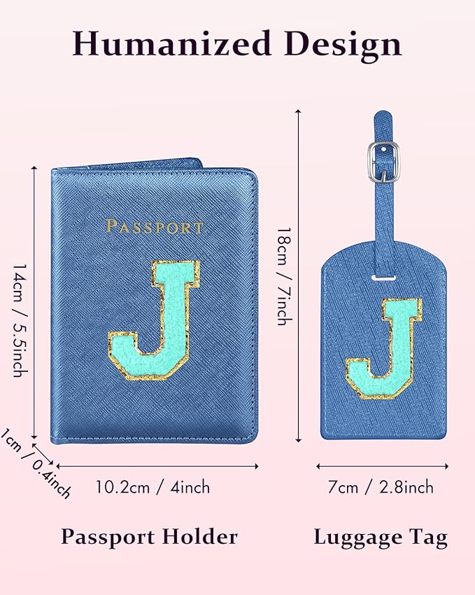 Slohif Passport Holder Initial Lugguage Tag Set Suitcase Cover Wallet Case for Travel Women - Leather Letter Passport Book Personalized Organizer Card Protector Sleeve Essentials Slim Carrier Blue J