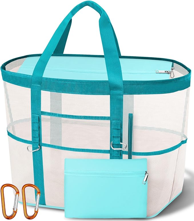 2026 Chic & Spacious XX-Large Beach Bag for Women — Mesh × Canvas Tote with Top Zipper, 11 Pockets, Detachable Pouch | 40L+ Spacious, 11 Tall Pockets, Zipper Pouch, Secure Zip-Top, Sand-Resistant Base