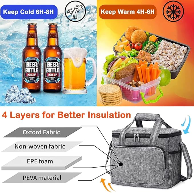 Ozzwolle Insulated Cooler Bag for 24Can (15L) Reusable Thermal Bag Leakproof Freezable Cooler Bag Organizer with Adjustable Shoulder Strap for Women Men Office Work Picnic Hiking Beach