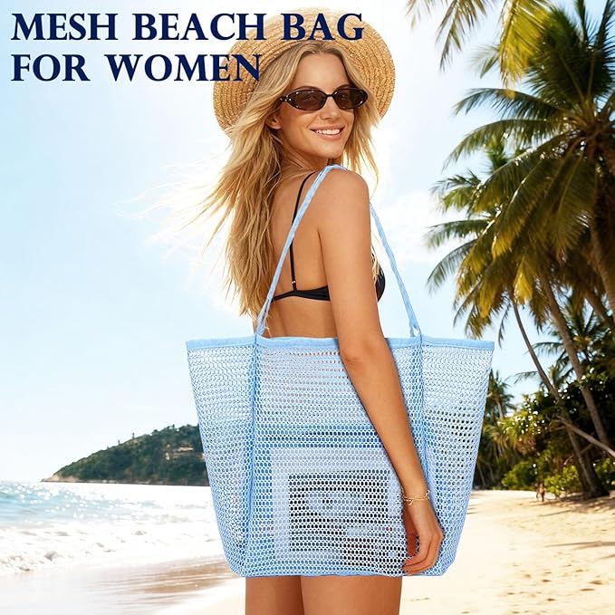Fammart Mesh Beach Bag for Women, Summer Straw Tote Hobo Pool Bags with Zipper Pocket, Travel Vacation Cruise Essentials 2026