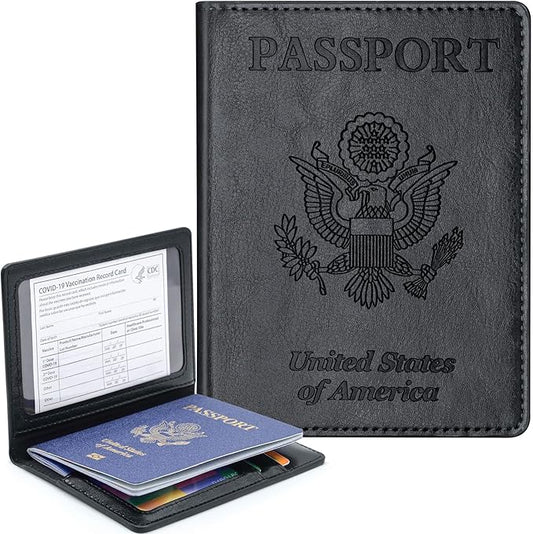 Passport Holder Cover Wallet Case RFID Blocking Leather Card Slot Travel Accessories Documents Organizer Protector for Women Men, Black