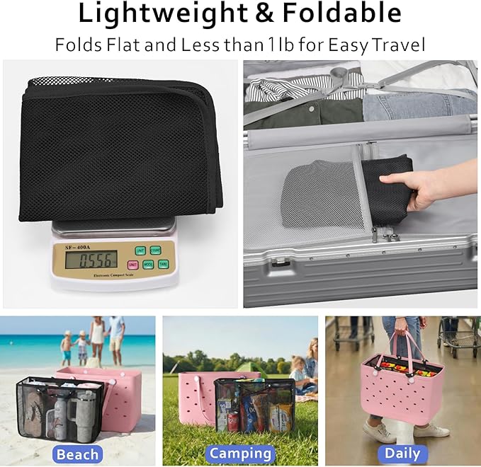 F-color Beach Bag Organizer Insert Compatible with Silicon Bag Original Large, Mesh Tote Liner with 10 Pockets & Adjustable Handle, Lightweight Divider Pouch for Beach Accessories Organizing, Black