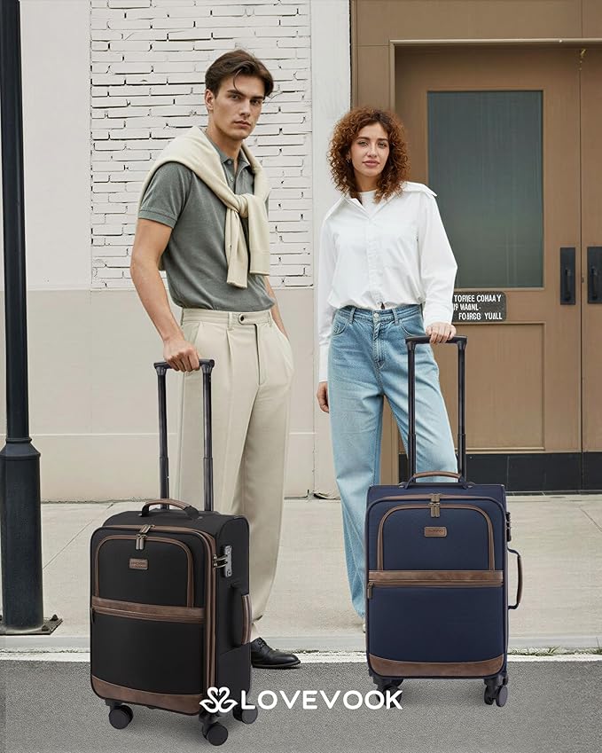 LOVEVOOK Carry On Luggage 22x14x9 Airline Approved,20 Inch Suitcases with Spinner Wheels,Softside Carry-on Suitcase with TSA Lock for Men Women Business Trip Weekender Travel,Navy blue&brown