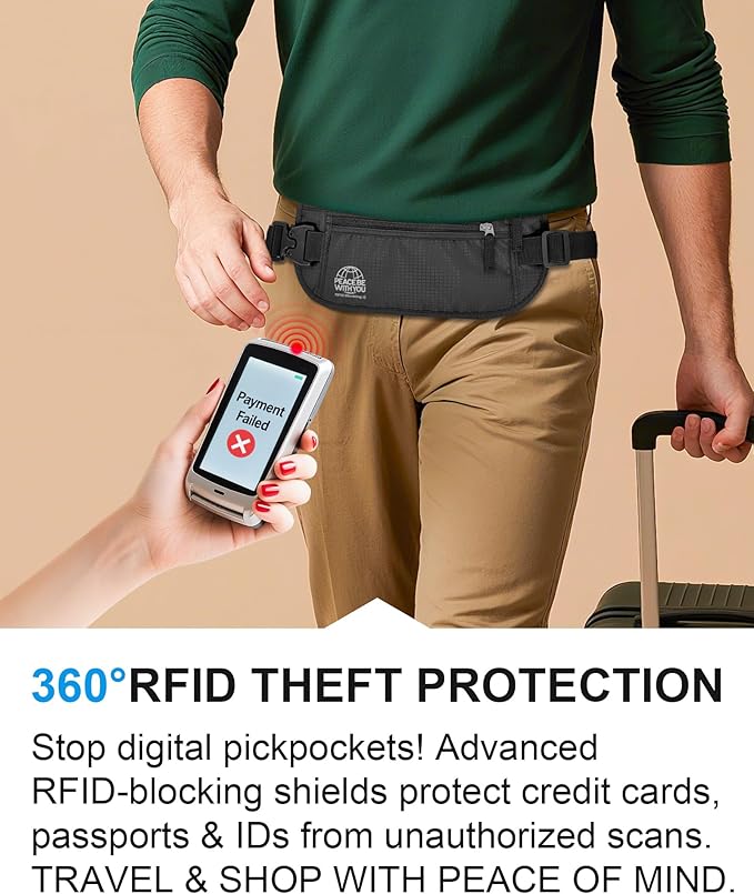 Hidden Money Belt for Travel, RFID Blocking, Sweat-Proof, Heavy-Duty Buckle, 3rd Gen Waist Wallet Anti Theft to Protect Cash, Credit Cards and Documents Under-Clothes for Men & Women, Black