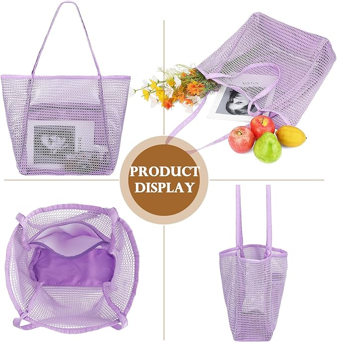 Mesh Beach Bag, Large Beach Tote with Zipper Pocket, Toys Pool Bag for Family Travel Vacation Cruise Essentials
