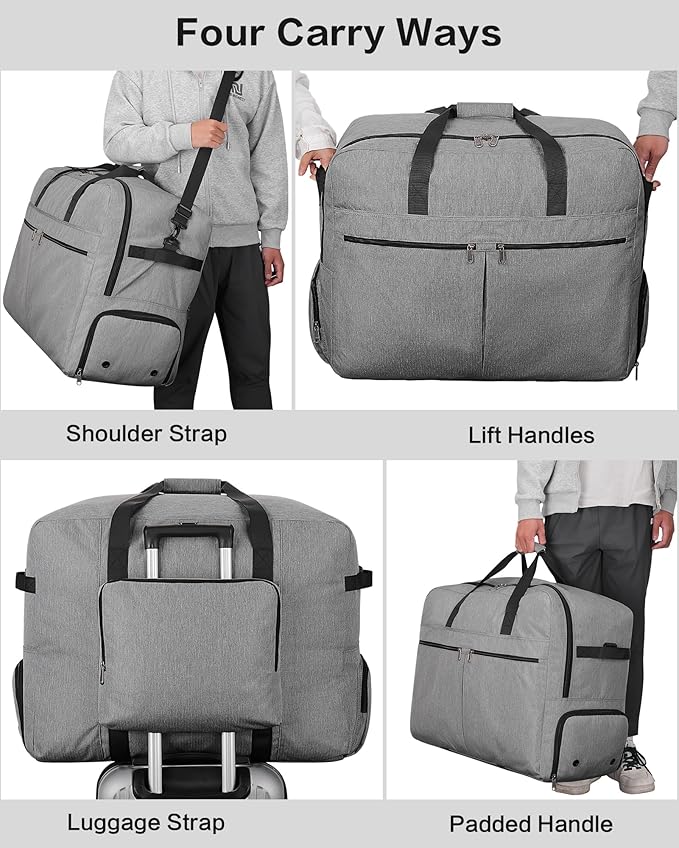 100L Foldable Large Travel Duffle Bag for Men and Women, Packable Duffel Bags with Shoe Compartment, Water Repellent & Tear Resistant (Gray)