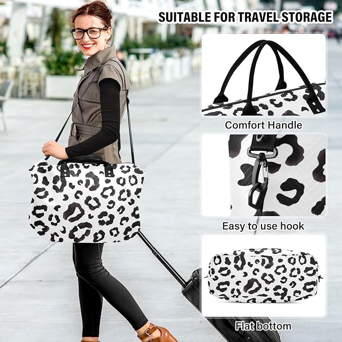Travel Duffle Bag, Leopard Print Cheetah Black White Gym Bag with Storage Bag Weekender Overnight Bag for Men Women Trip Sports Yoga