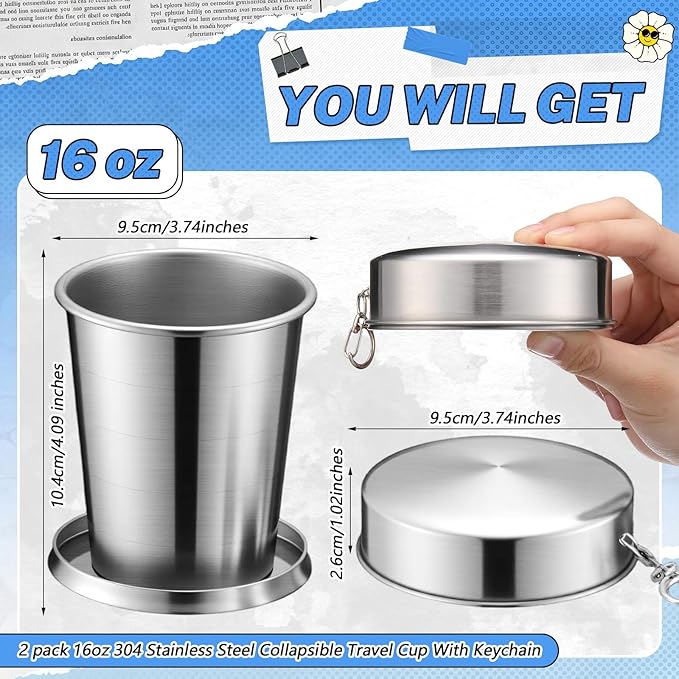 2 Pack 304 Stainless Steel Collapsible Cup 16 oz Folding Travel Cup with Lid and Keychain, Reusable Packable Camp Mug for Camping, Hiking, Picnic, Travel & Everyday Use