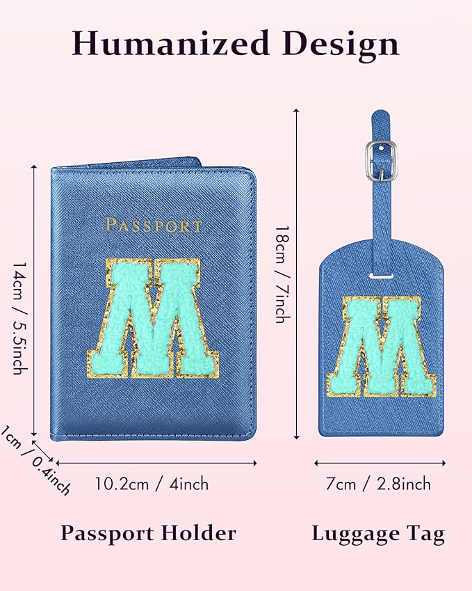 Slohif Passport Holder Initial Lugguage Tag Set Suitcase Cover Wallet Case for Travel Women - Leather Letter Passport Book Personalized Organizer Card Protector Sleeve Essentials Slim Carrier Blue M