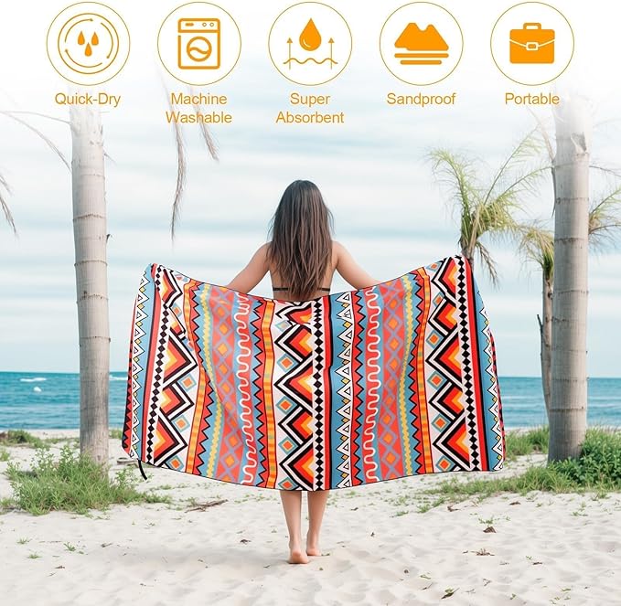 Oversized Microfiber Beach Towel Thin, Abstract Geometric Boho Style Double Sided Printed Absorbent Compact Towel, Large Soft Swim Beach Towels for Women Adult Men, Summer Lake Pool Bath, 35"x71"