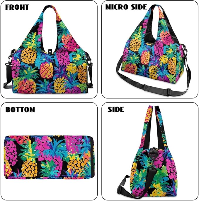 Gym Bag Women with Yoga Mat Holder Strap, Pineapple Gym Duffle Bag with Shoes Compartment, Wet Pocket, Gym Backpack Carring Workout Stuff Accessories