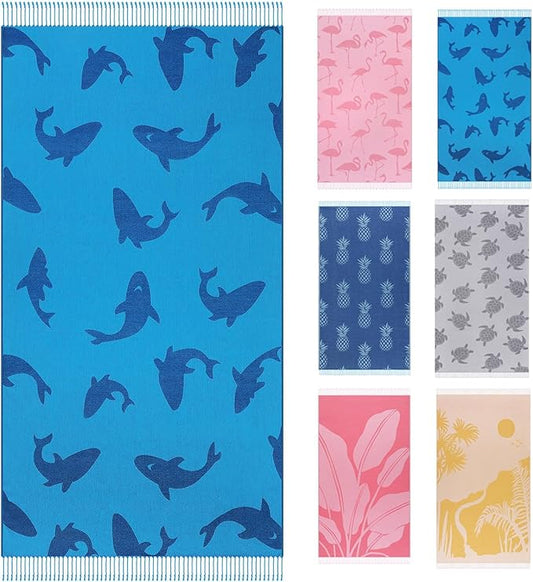 Genovega Oversized Cotton Turkish Beach Towels 72"x36" Lightweight Quick Dry Sandless Pool Swim Towel Large No Sand Compact Blanket Adult Travel Essentials Cruise Accessories Must Haves Blue Whale