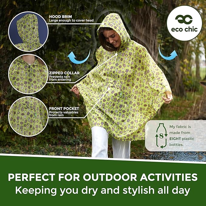 ECO CHIC Waterproof Hooded Rain Ponchos for Adults, Foldable Adult Poncho with Pocket, Lightweight Reusable Raincoat