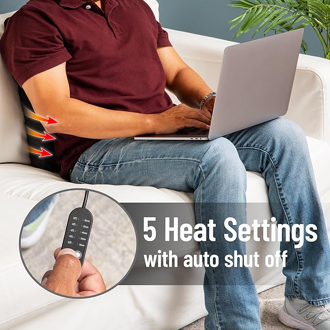 Mind Reader Heated Air-Cloud Lumbar Cushion, Ergonomic Memory Foam Back Support Pillow with Adjustable Heat Settings and Timer, Black