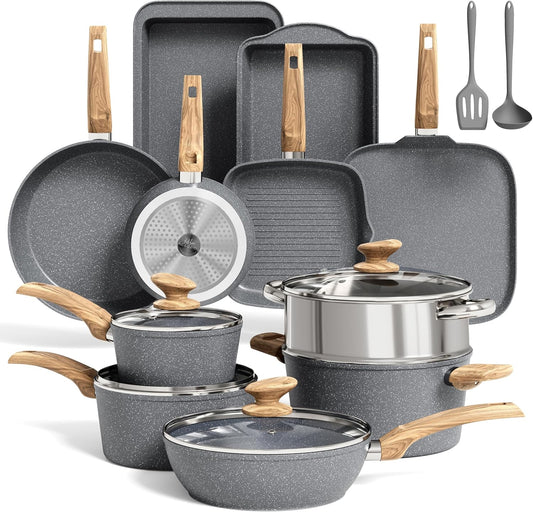 MAISON ARTS 17 Piece Pots and Pans Set Non Stick, Kitchen Cookware Sets with Nonstick Granite Stone Coating, Suitable for Induction Cooktops, Grey