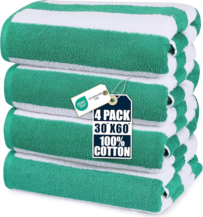 Utopia Towels 4 Pack Cabana Stripe Beach Towel, 30 by 60 Inches, Oversized 100% Ring Spun Cotton Pool Towels, Highly Absorbent Quick Dry Bath Towels for Beach, and Swim, Green