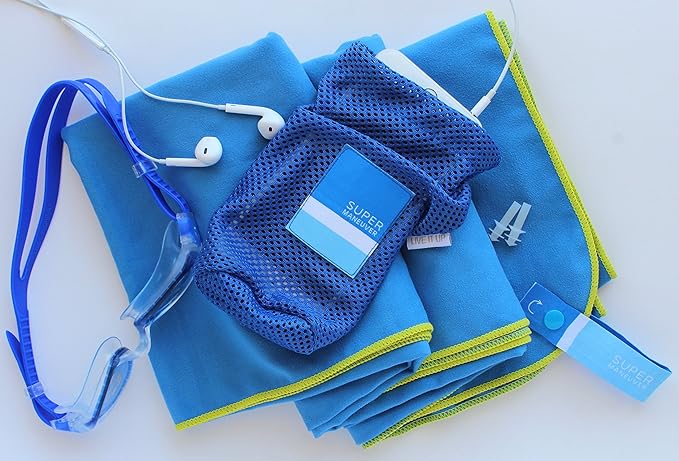 Super Towel for Sports, Travel & Beach — Extra Large, Lightweight, Compact, Absorbent, Quick-Drying, Soft Microfiber Suede — For indoors, outdoors, pool, gym, camping (Blue+Yellow, XL (60x32"))