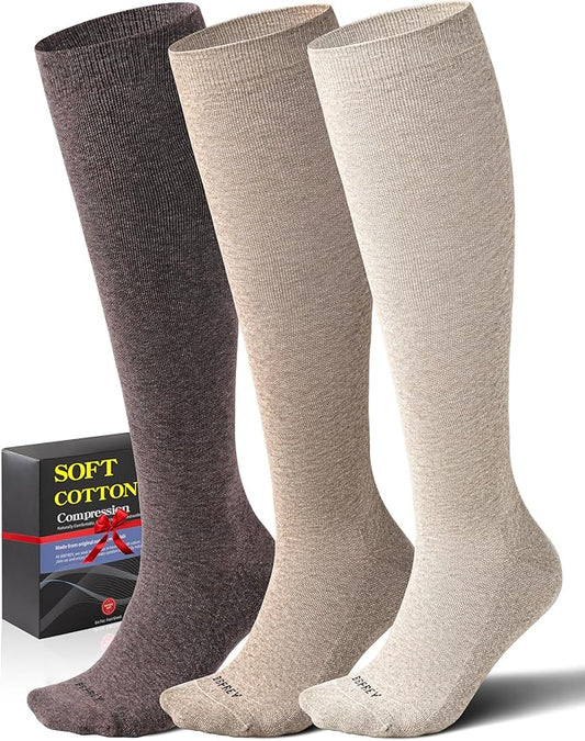 Soft Cotton Compression Socks for Women Men 20-30mmHg - Knee High Support for Circulation, Nurses, Pregnancy, Travel