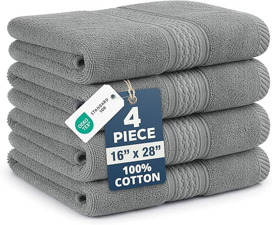 Grey Hand Towels for Bathroom - Pack of 4 (16" x 28") - 100% Cotton Double Stitched Edges - Ultra Soft, Quick Dry & Highly Absorbent - Everyday Comfort Hand & Face Towels for Family and Gym Use - Grey
