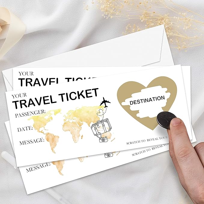 AWSICE Scratch Surprise Travel Ticket, 1 Set Make Your Own DIY Boarding Pass, Surprise Reveal Card for Holiday, Christmas, Wedding, Birthday, Anniversary, Party Supply(3.5"x8" Gold)-C001