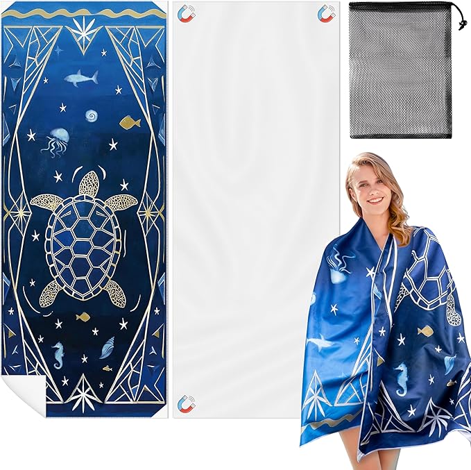 Turtle Magnetic Beach Towel - 74.8"x30" Sand Free Quick Dry Microfiber Towel with Built-in Magnets Lightweight for Beach Chair Car Door Pool Travel Camping Yoga with Storage Bag