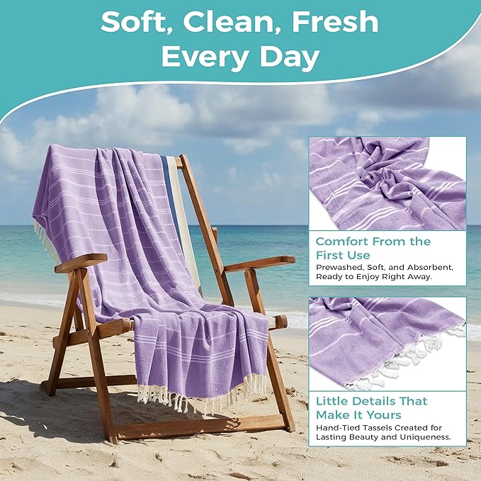 Turkish Beach Towel with Hidden Zipper Pocket 100% Cotton Oversized 72 x 37 Inches Quick Dry Sand Free Lightweight Compact for Beach, Pool, Travel, Bath, and Yoga (Light Purple)