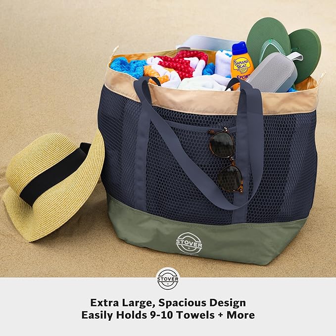 STOVER Extra Large Mesh Beach Bag, Vacation, Pool, Shopping & Travel Tote - Foldable w/Storage Pouch & Pockets for Women, Men