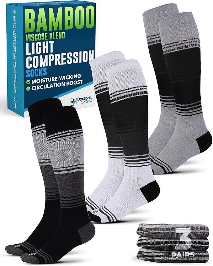 Doctor's Select Bamboo Viscose Light Compression Socks for Women & Men - 3 Pairs, 8-15 mmHg Compression Socks, Knee High