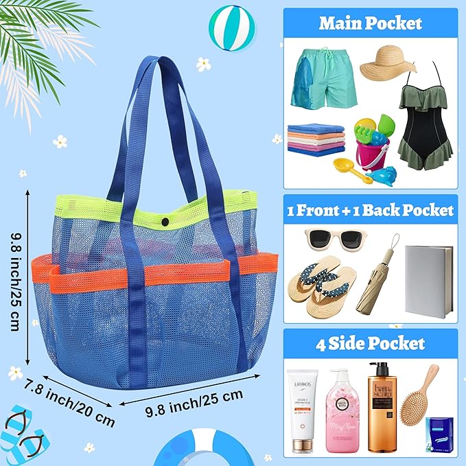 Mesh Beach Bag, Foldable Waterproof Sandproof Beach Storage Tote with 6 Pockets, Swim Tropical Vacation Pool Essential