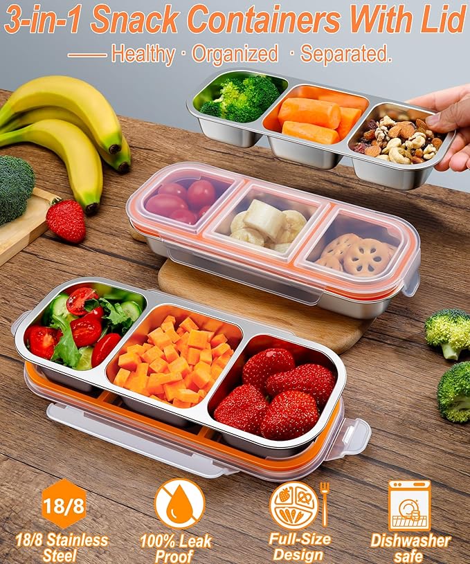 KTKUDY 5 Pack Stainless Steel Snack Containers for Kids & Adults - Large - Leak-Proof 3-Compartment Stackable Snack Lunch Boxes for School, Work & Travel