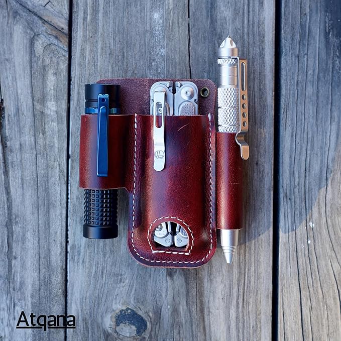 EDC Pocket Organizer For Belt (Premium Leather) - Urban Tool Holster | Multitool Sheath | Tactical Belt Knife Pouch with Belt Clip (Extra Dark Brown) by ATQANA®