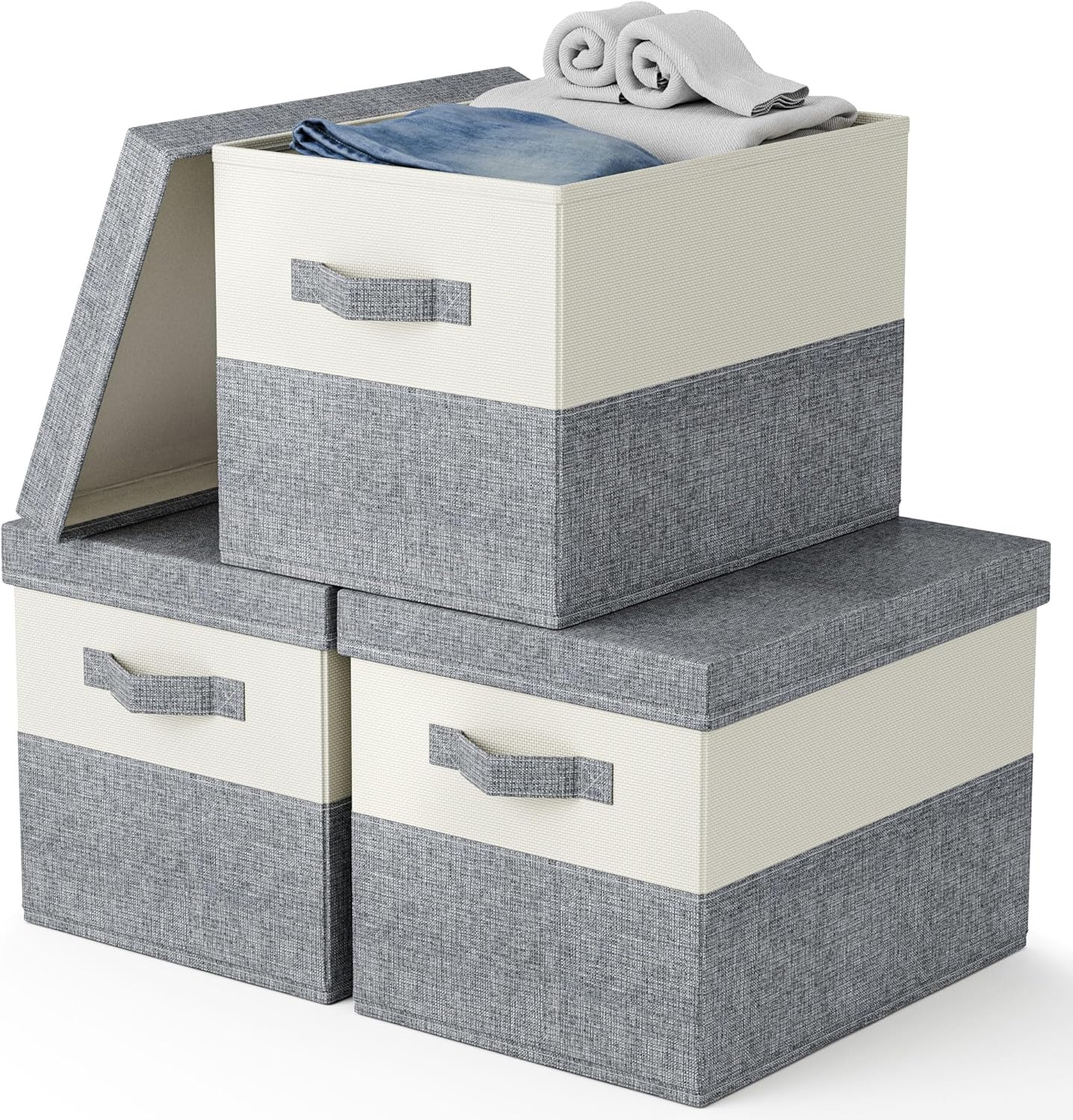 Fabric Large Storage Bins with Lids 3 Pack Collapsible, Linen Closet Organizers and Storage, Baskets for Organizing, Purse Organizer for Closet, Shelf Baskets, 15x10.6x10