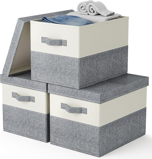 Fabric Large Storage Bins with Lids 3 Pack Collapsible, Linen Closet Organizers and Storage, Baskets for Organizing, Purse Organizer for Closet, Shelf Baskets, 15x10.6x10