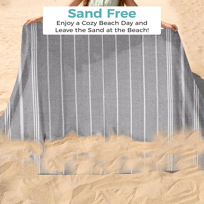 Turkish Beach Towel with Hidden Zipper Pocket 100% Cotton Oversized 72 x 37 Inches Quick Dry Sand Free Lightweight Compact for Beach, Pool, Travel, Bath, and Yoga (Light Gray)