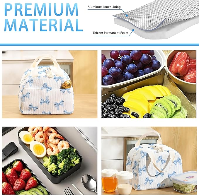lunch bag for women,bento box adult for work,insulated lunchbox cooler containers,leakproof corduroy lunchbag,lunch tote for school college offices,outdoor picnic travel (Blue Bow Tie)