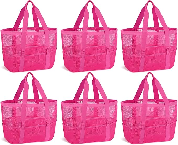 Hillban Large Beach Mesh Bags Bulk for Women Beach Tote Bag with 8 Pocket Zipper Waterproof Sandproof for Pool Cruise Ship