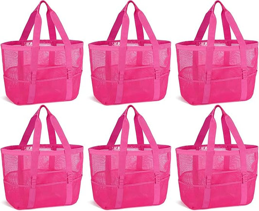 Hillban Large Beach Mesh Bags Bulk for Women Beach Tote Bag with 8 Pocket Zipper Waterproof Sandproof for Pool Cruise Ship