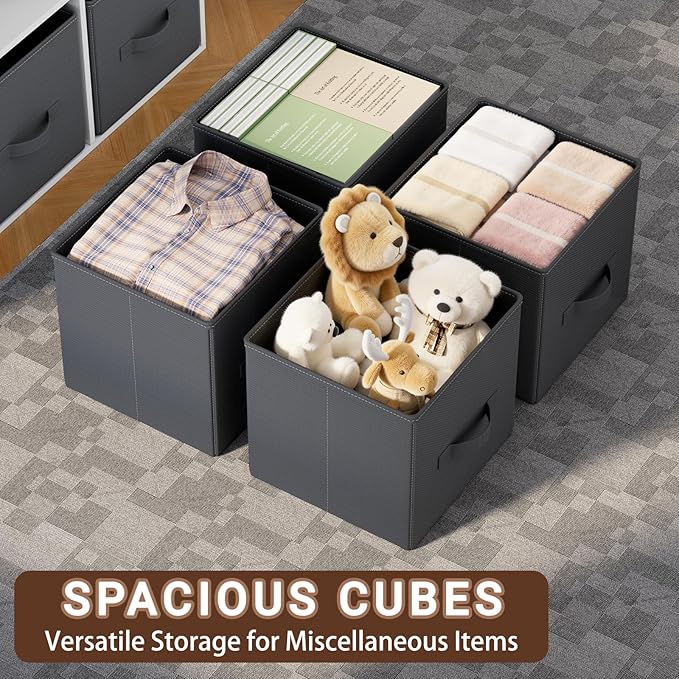 Cube Storage Bins, 11 Inch Fabric Organizers with Handles - Foldable Collapsible Storage Cubes for Shelves, Bedroom, Closet, Cabinet, Bookcase, or Office (Grey, Pack of 2)